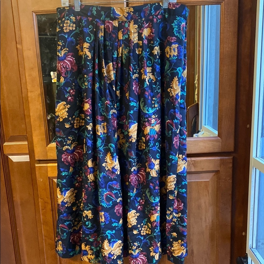 Vintage Smocked A-Line Size 18 Midi Skirt Dark Blue with Earth Tones Whimsical